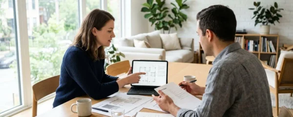 Un couple trentenaire assis à une table moderne discutant d'un projet immobilier avec une tablette et des documents papier dans un salon lumineux contemporain