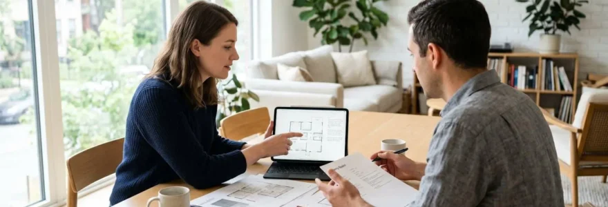 Un couple trentenaire assis à une table moderne discutant d'un projet immobilier avec une tablette et des documents papier dans un salon lumineux contemporain
