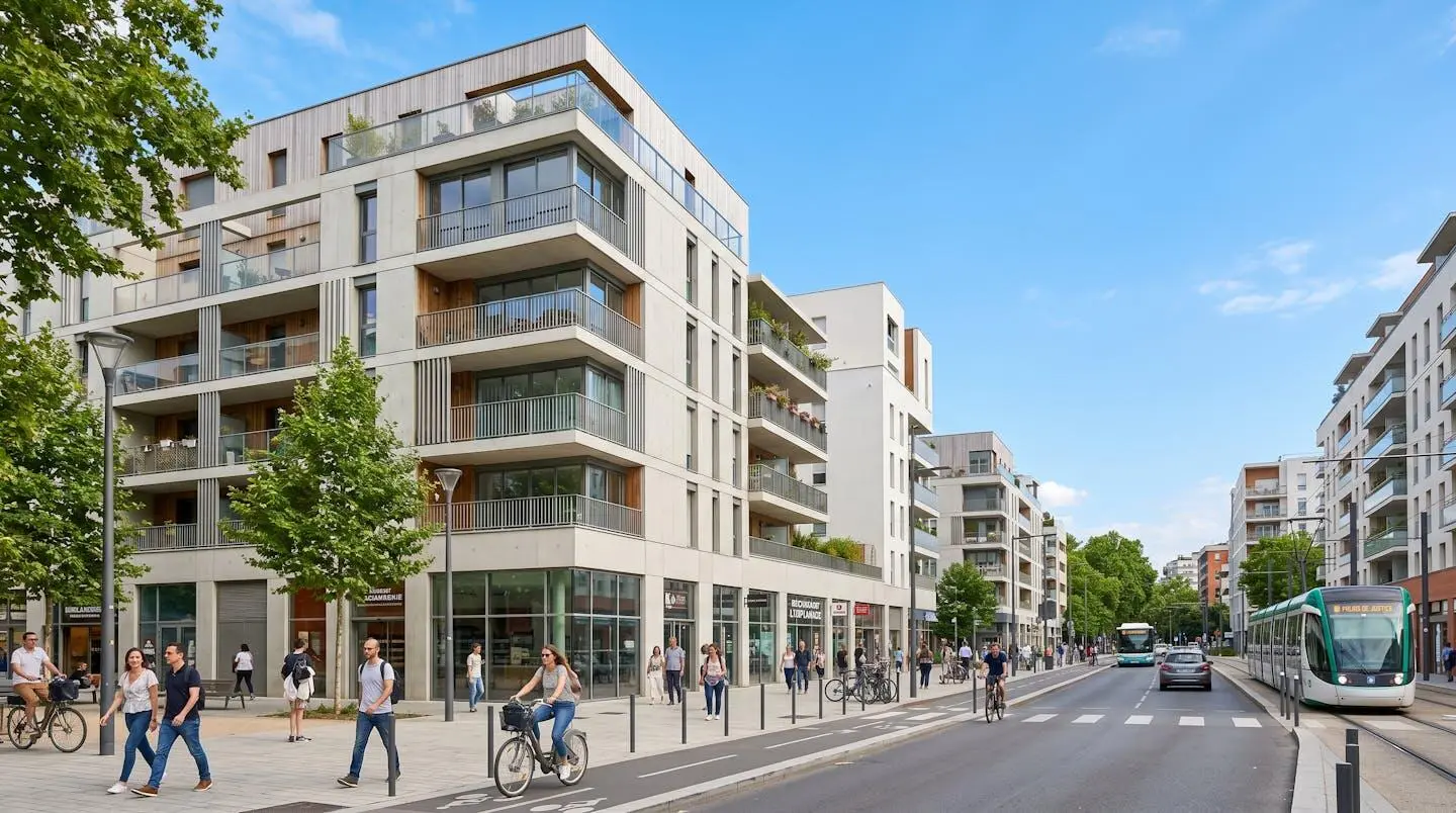 Vue en contre-plongée d'un immeuble résidentiel contemporain avec grandes baies vitrées et balcons sous un ciel bleu à Toulouse