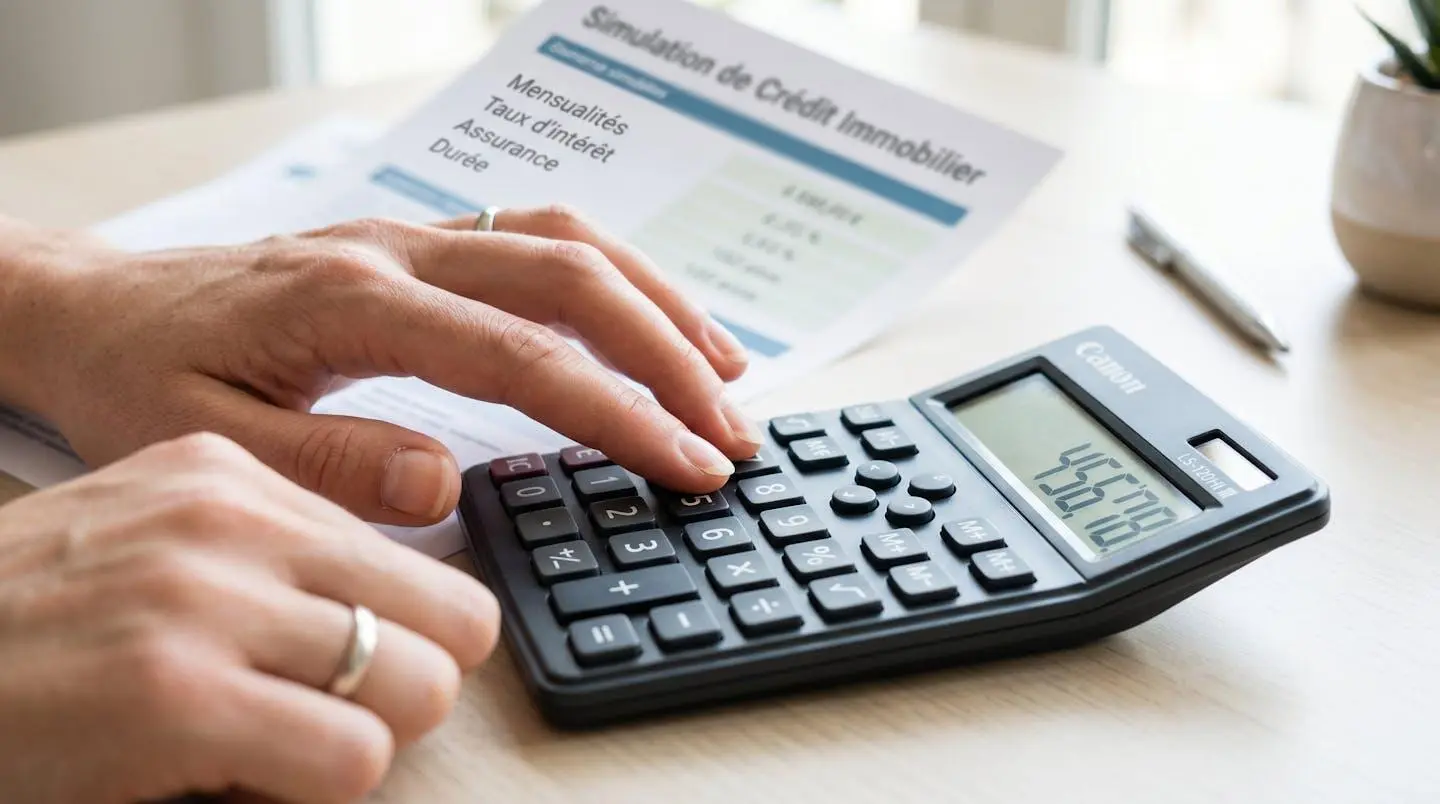 Gros plan sur des mains utilisant une calculatrice moderne avec des documents de simulation de prêt floutés en arrière-plan sur un bureau contemporain